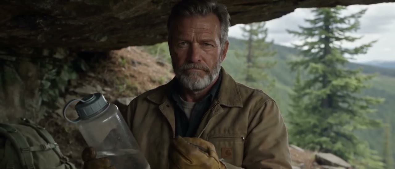 Ray alone under a rock ledge with his water bottle