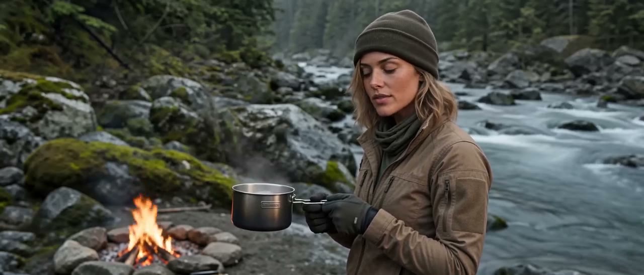 Hope holding a steaming pot over the evening fire
